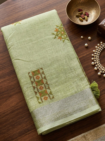 Shree Shyam Fashion Pista Green Linen Saree