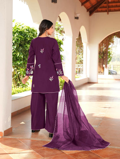 Nikhaar Magenta Embroidered Art Silk Stitched Straight Cut Kurta Culottes Dupatta Readymade Suit
