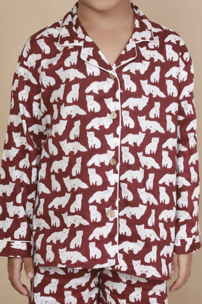 Breathables Kids Cotton Night Suit  Maroon Cat Print Shirt & Pyjama Co-Ord Set For Boys & Girls