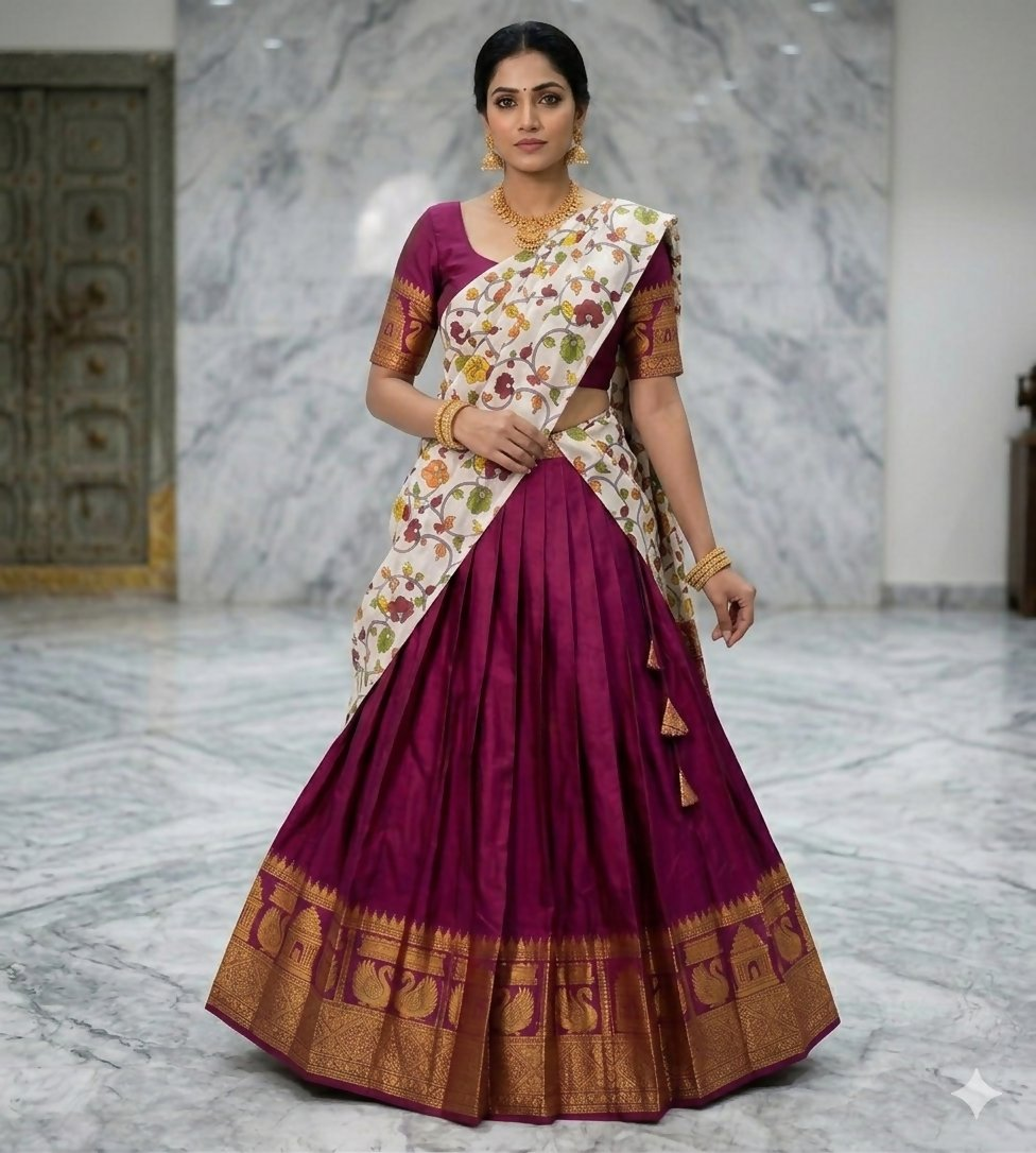 Teeya Creation Womens New Trendy Wine Traditional Pleated Lehenga Choli Set with Floral Printed Dupatta and Contrast Zari Border Set