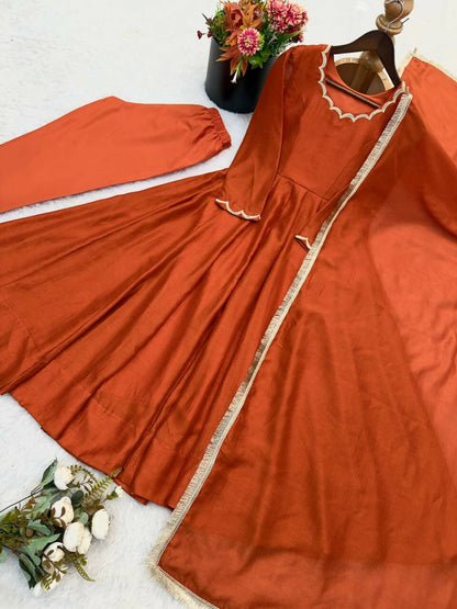 Teeya Creation Rust Orange Solid Anarkali Kurta With Pants And Dupatta Set