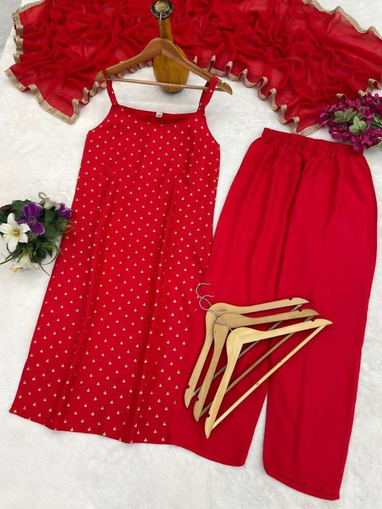 Teeya Creation Womens New Elegant Red Embroidered Kurti with Matching Bottom Set