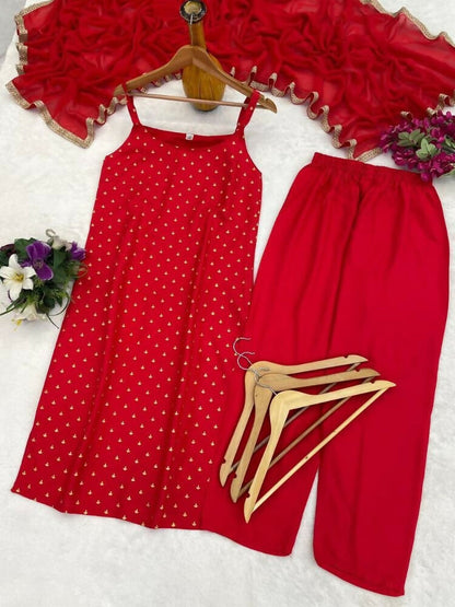 Teeya Creation Womens New Elegant Red Embroidered Kurti with Matching Bottom Set