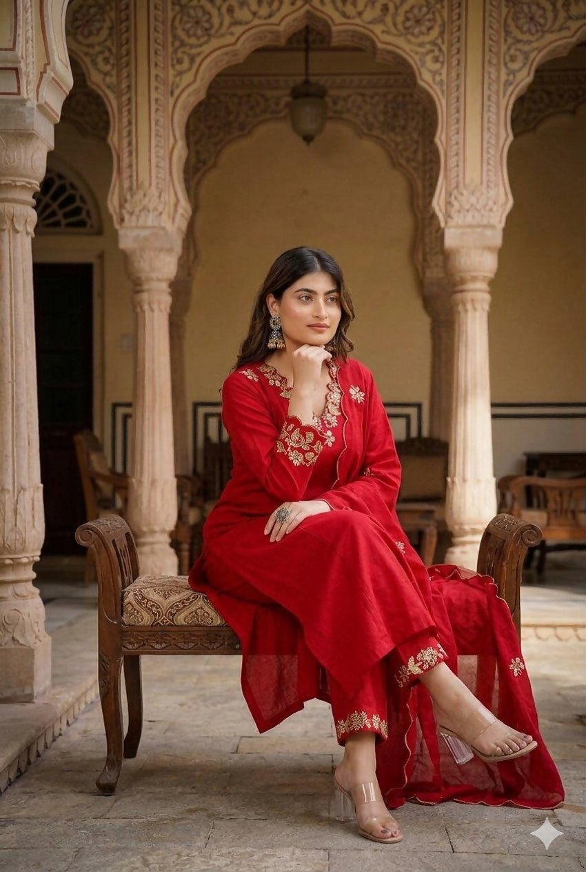Teeya Creation Designer Red Ethnic Suit Set With Floral Hand-Embroidered Borders Dupatta