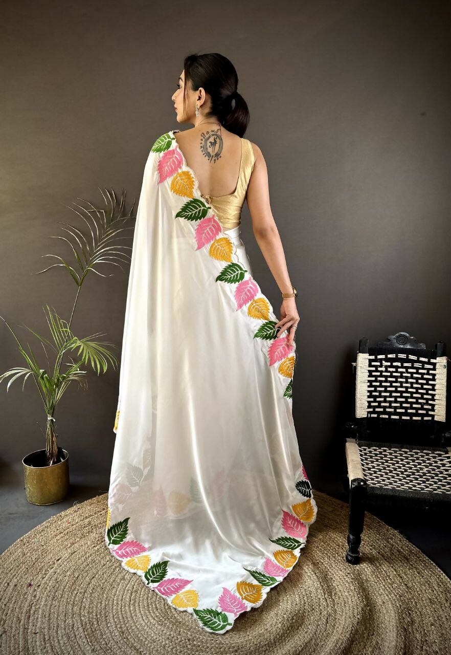 Prime Volt Multicolor Leaf Embroidery Rangoli Silk Saree with Scalloped Border-White