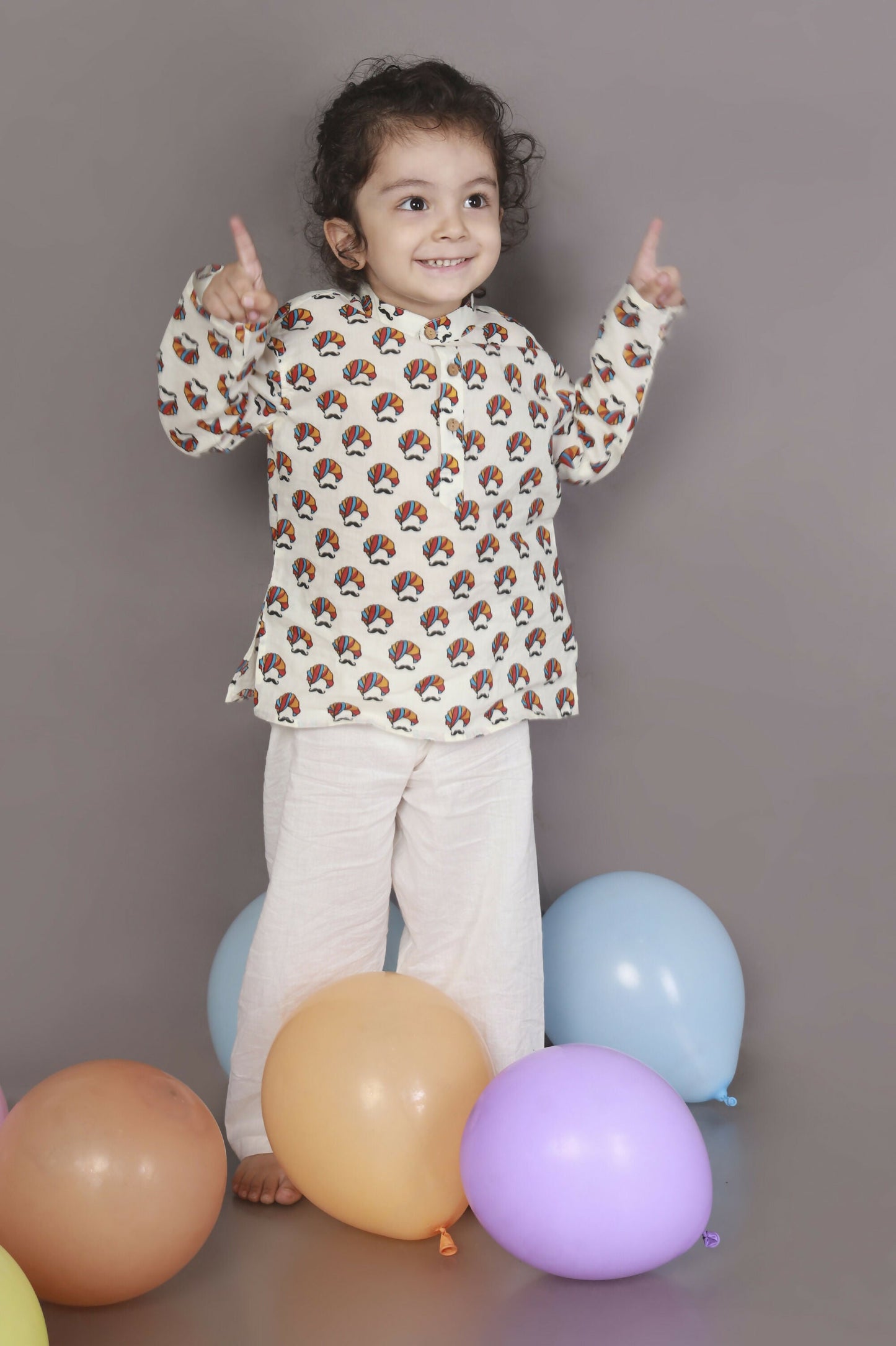 Breathables Kids Cotton Night Suit  White Turban Print Kurta & Pyjama Co-Ord Set For Boys & Girls