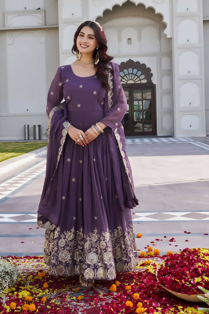 Teeya Creation Womens Wedding Wear Heavy Sequence Embroidery Work Purple Gown Set