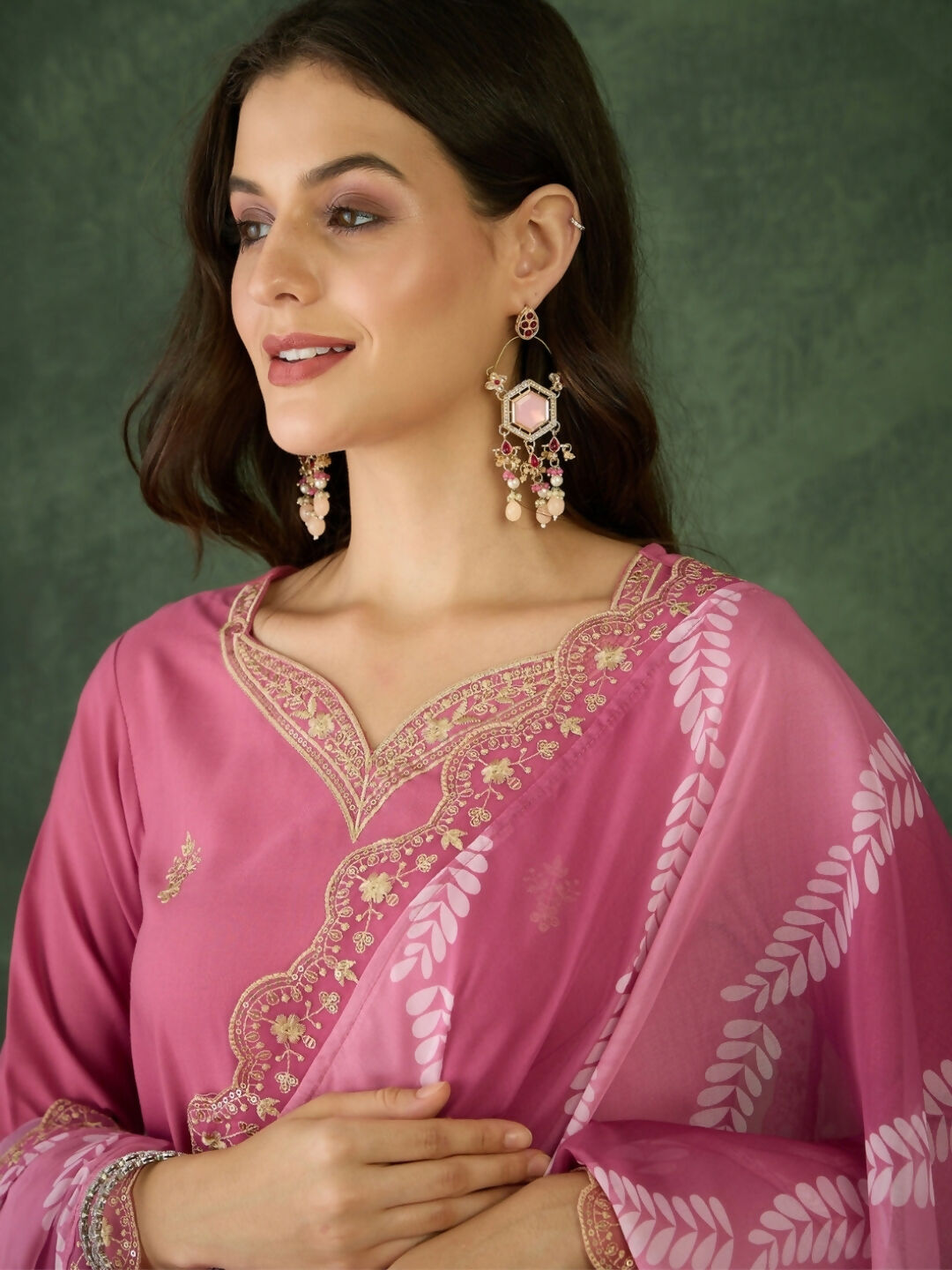 The52 Women's Beautiful Rayon Fabric Embroidery Work Straight Kurta Pant and Dupatta Set-Pink