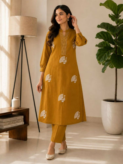 Teeya Creation Women Mustard Cotton Printed Kurta with Trousers Co-ord Set