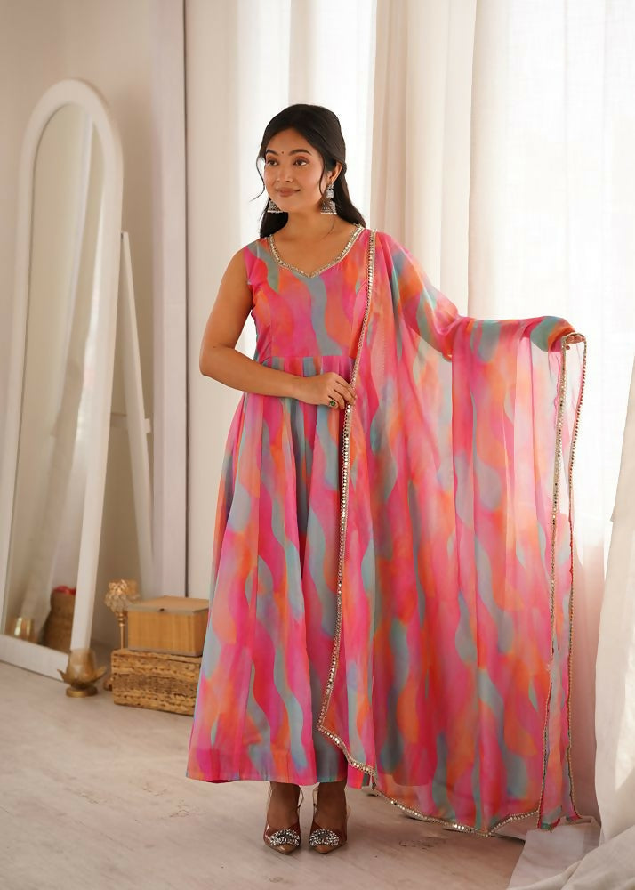 Teeya Creation New Womens Vibrant Multi-Colored Abstract Print Sleeveless Anarkali Suit with Dupatta