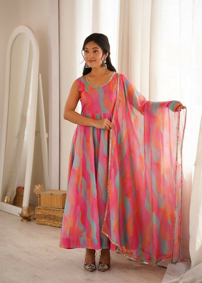Teeya Creation New Womens Vibrant Multi-Colored Abstract Print Sleeveless Anarkali Suit with Dupatta