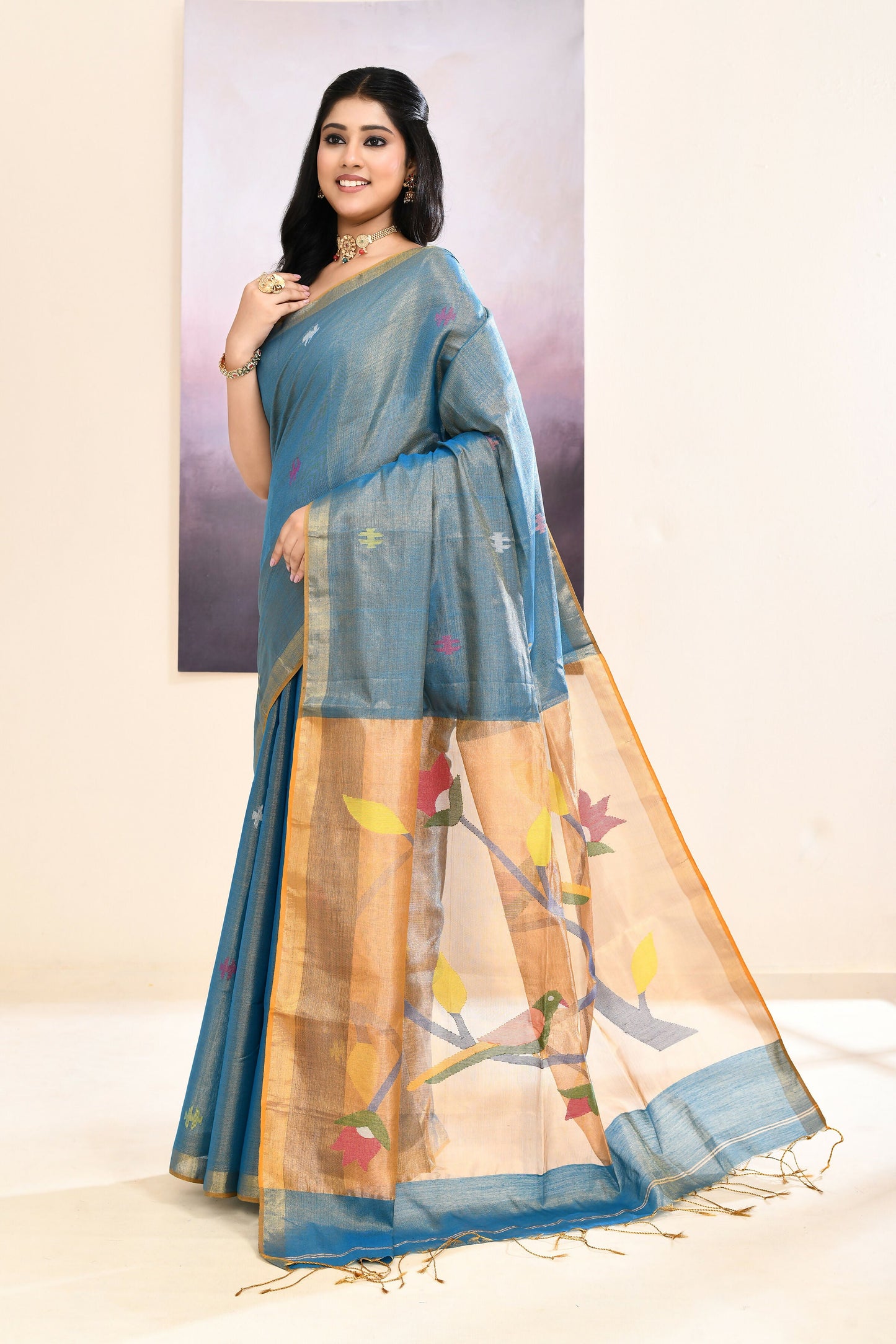 Piyari Fashion Women's Sky Blue Embellished Tissue Jamdani Saree