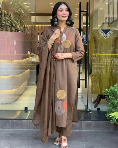 Teeya Creation Women Brown Geometric Embroidered Straight Kurta with Pants and Dupatta Set