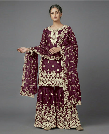 Teeya Creation Womens New Trendy Pure Gmy Silk With Heavy Embroidery Sequence Work Purple Kurta Set