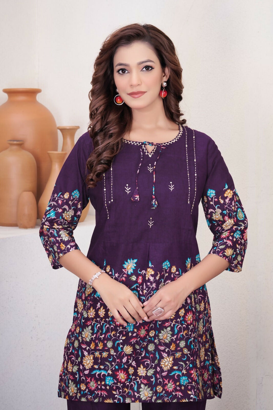 Teeya Creation Wine Floral Printed Short Kurta With Straight Pants Co-Ord Set