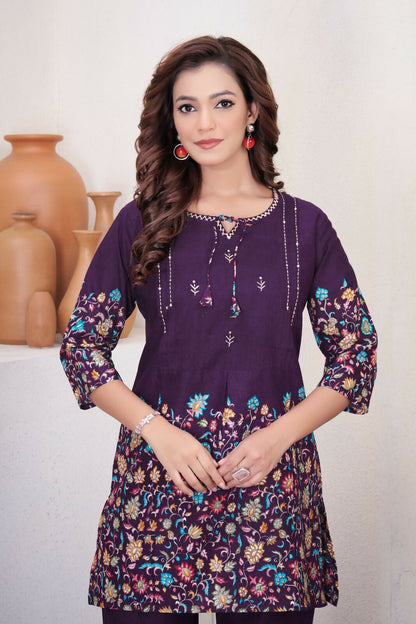 Teeya Creation Wine Floral Printed Short Kurta With Straight Pants Co-Ord Set