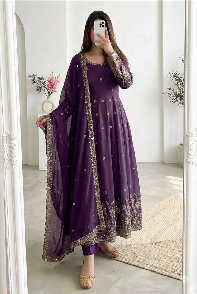 Teeya Creation New Stylish Trendy Elegant Purple Embroidered Anarkali Suit with Dupatta