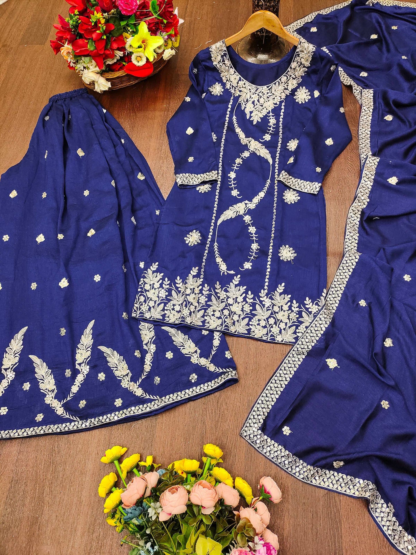 The52 Women's Gorgeous Embroidery Work Vichitra Blooming Fabric Straight Kurta Sharara and Dupatta Set-Blue