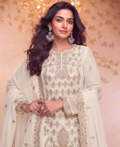 KC Heavy Embroidery Worked Two Ton Moss Silk White Suit For Women