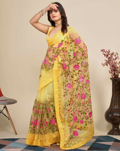 Teeya Creation Womens Latest Stylish Party Wear Soft Net Saree-Yellow