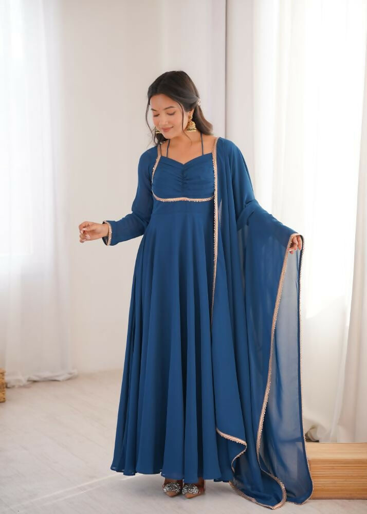 The52 Women's Gorgeous Solid Fox Blooming Georgette Fabric Flared Anarkali and Dupatta Set-Teal Blue