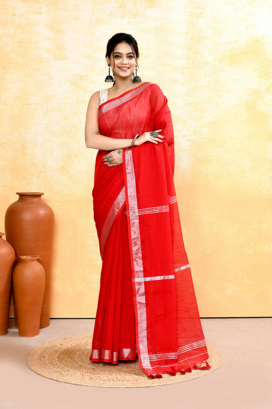 Piyari Fashion Women's Red Embellished Cotton Blend Zari Border Handloom Saree