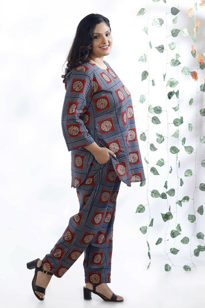Breathables WomenS Blue Cotton Geometric Print Loungewear Co-Ord Set  Hip-Length Kurta & Pants