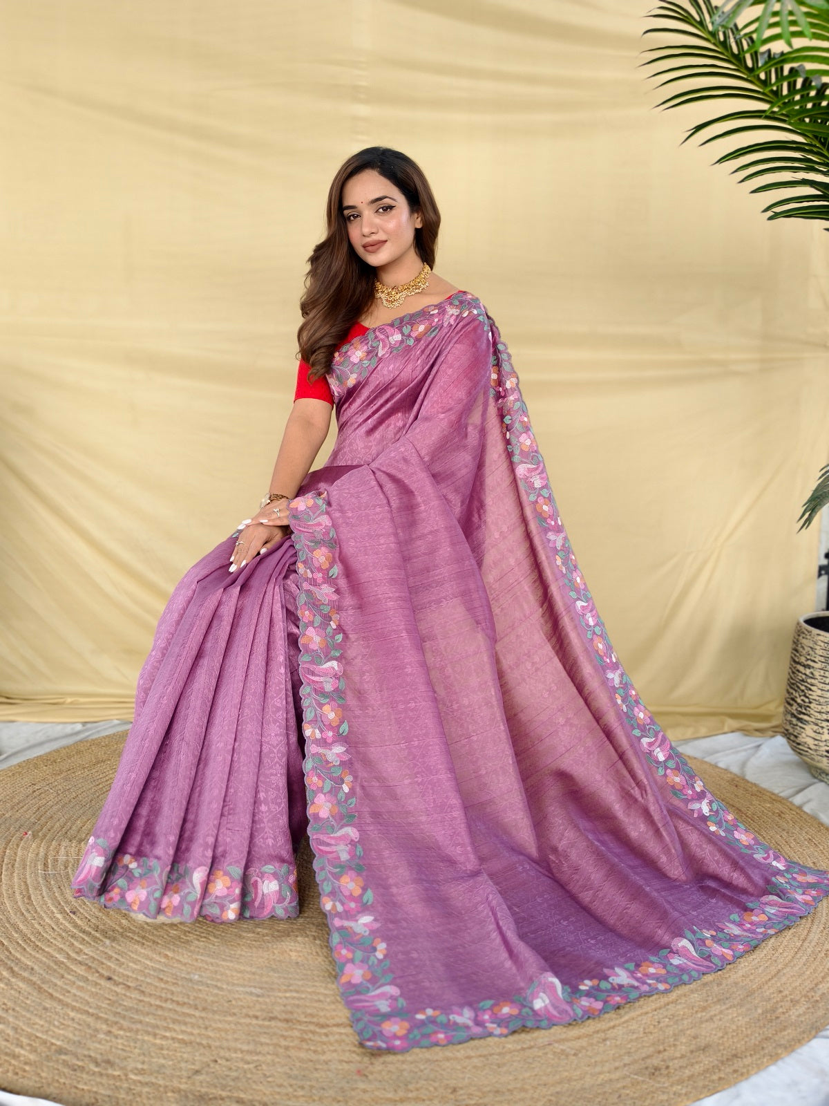 Mameraa Sarees Onion Pink Tussar Saree With Contrast Embroidery With Running Blouse-Onion_Pink