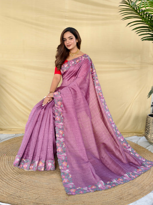 Mameraa Sarees Onion Pink Tussar Saree With Contrast Embroidery With Running Blouse-Onion_Pink