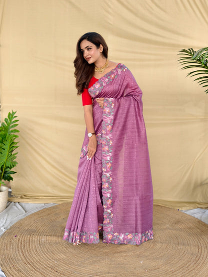 Mameraa Sarees Onion Pink Tussar Saree With Contrast Embroidery With Running Blouse-Onion_Pink