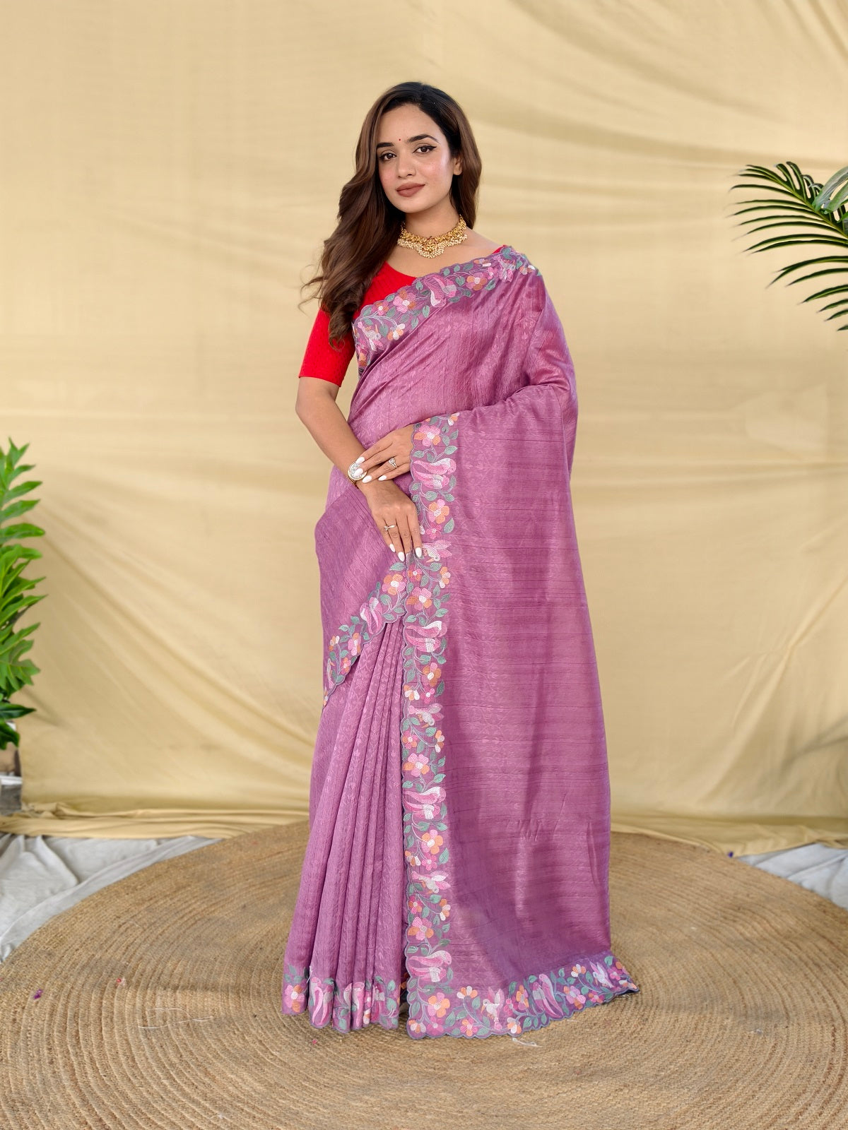Mameraa Sarees Onion Pink Tussar Saree With Contrast Embroidery With Running Blouse-Onion_Pink