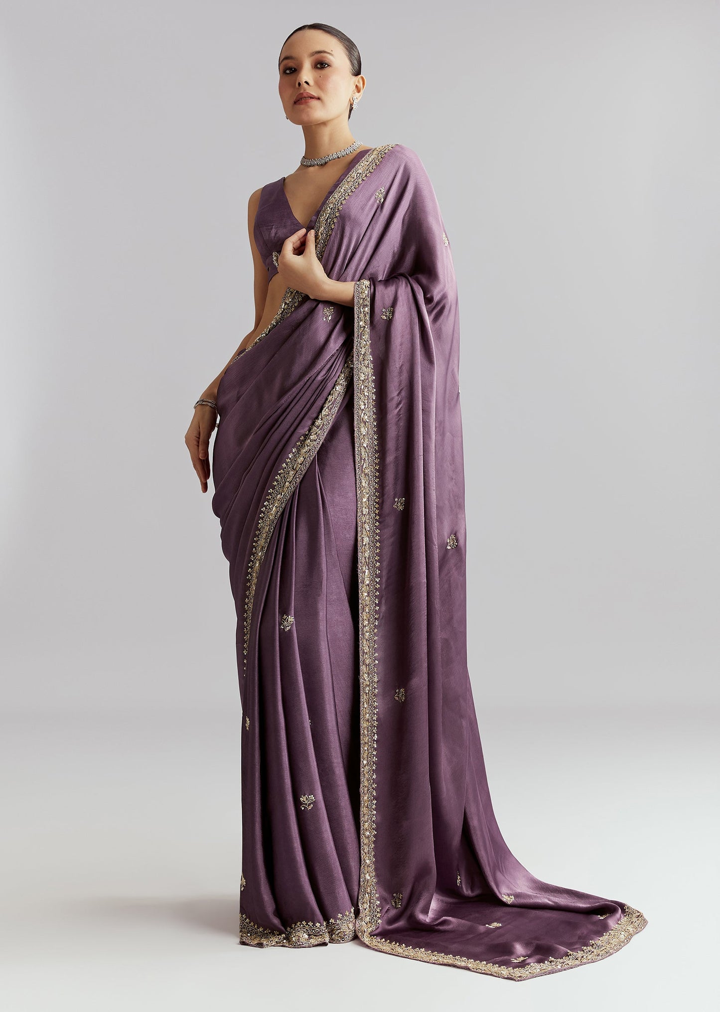 Purple Chinon Saree With Heavy Hand Embroidery