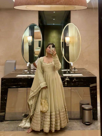 Teeya Creation Womens New Fancy Silk Heavy Quality Fabric with Handwork Cream Gown Set
