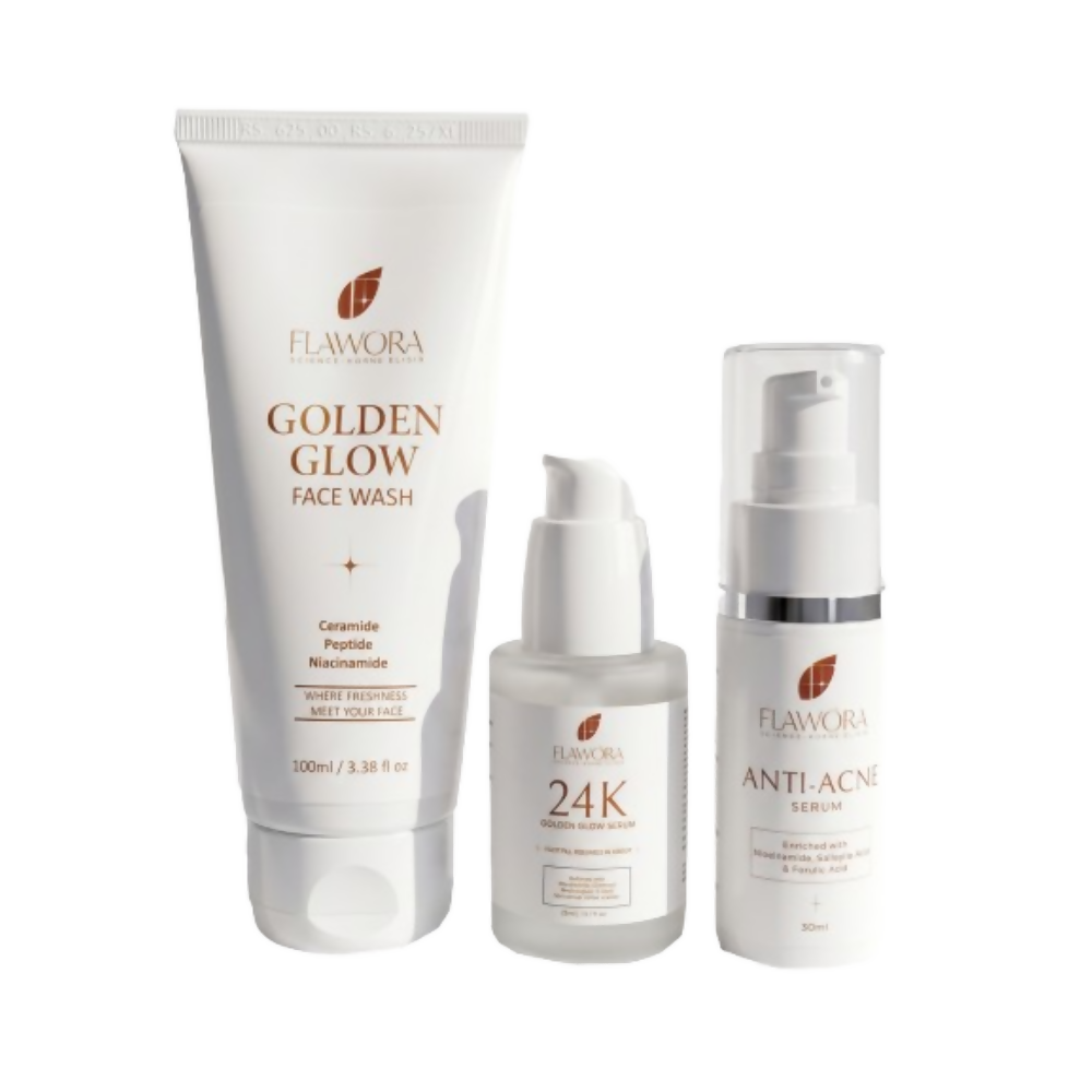 Flawora Set of Golden Glow Face Wash, Anti Acne Serum and 24k Golden Glow Face Serum