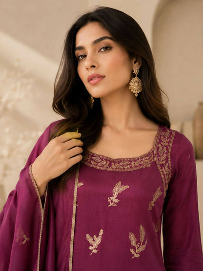 Teeya Creation Wine Embroidered Georgette Straight Kurta With Palazzo And Dupatta Set