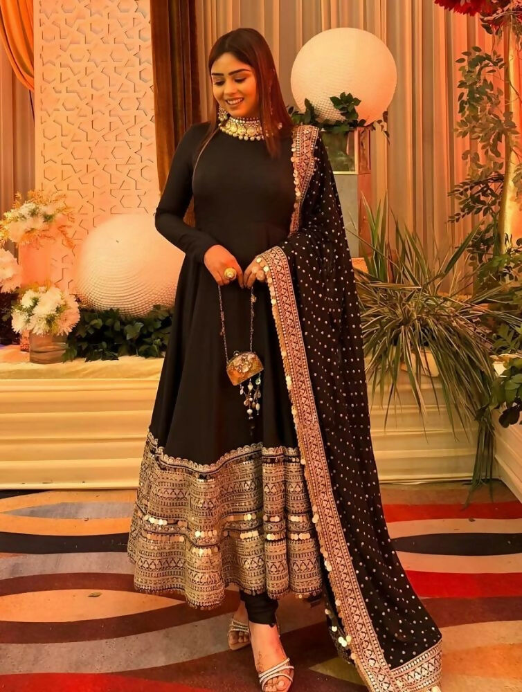 Teeya Creation Womens New Trendy Latest Elegant Burnt Orange Floor-Length Anarkali Suit with Heavy Embroidered Border and Matching Dupatta