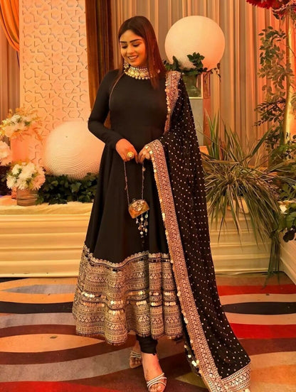 Teeya Creation Womens New Trendy Latest Elegant Burnt Orange Floor-Length Anarkali Suit with Heavy Embroidered Border and Matching Dupatta