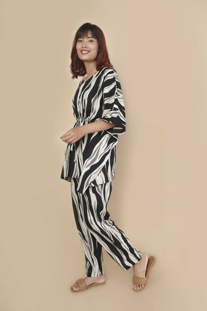 Breathables WomenS Loungewear Kaftan Cotton Black & White Abstract Print Co-Ord Set