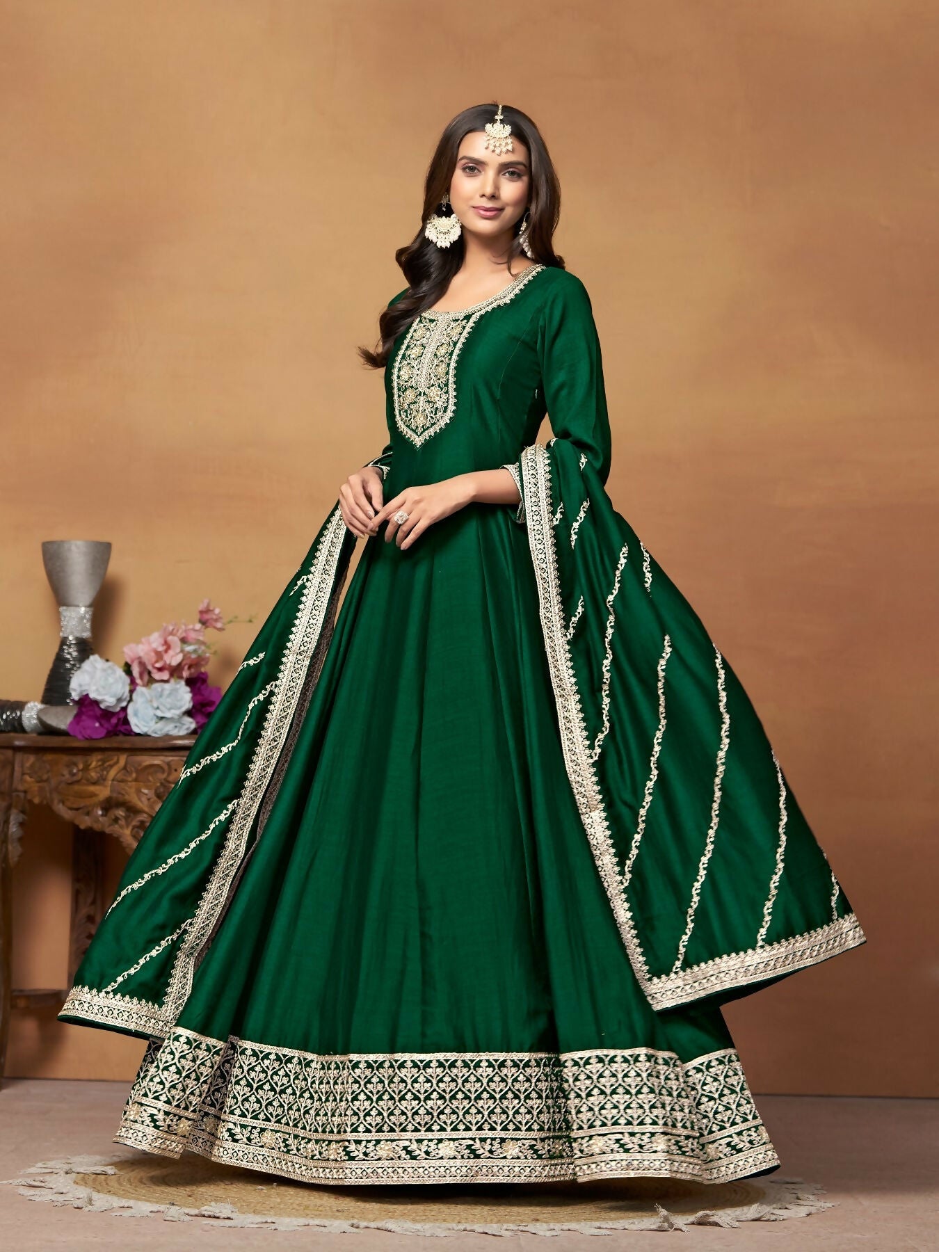 Anaita Green Embroidered Art Silk Anarkali Suit