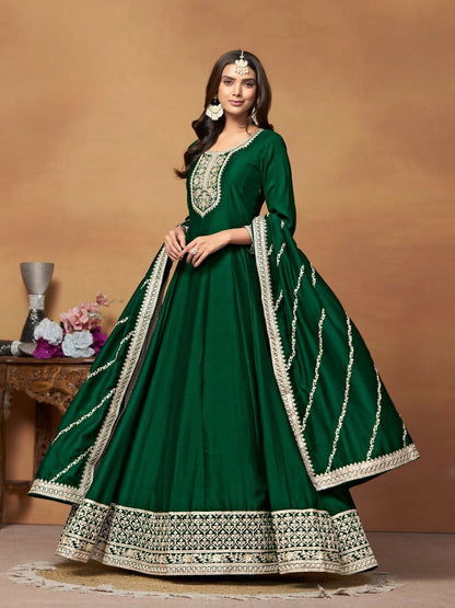 Anaita Green Embroidered Art Silk Anarkali Suit