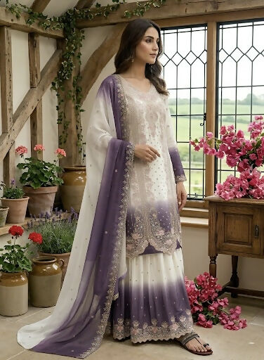Teeya Creation New Trending Heavy Dual Tone Peding Star Georgette Purple Kurta Set