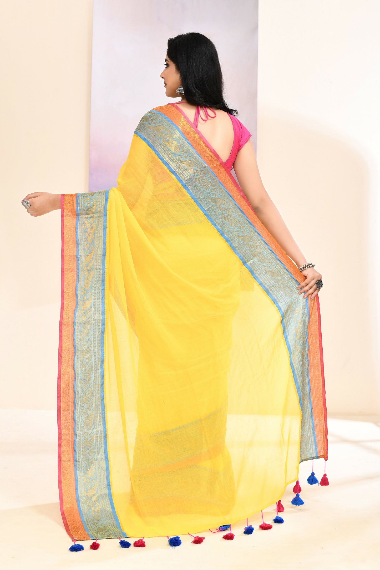 Piyari Fashion Women's Yellow Embellished Zari Border Cotton Saree