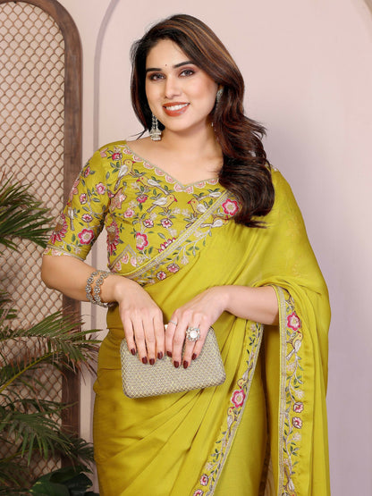 Teeya Creation New Trendy Party Wear Soft Satin Chiffon Saree-Yellow