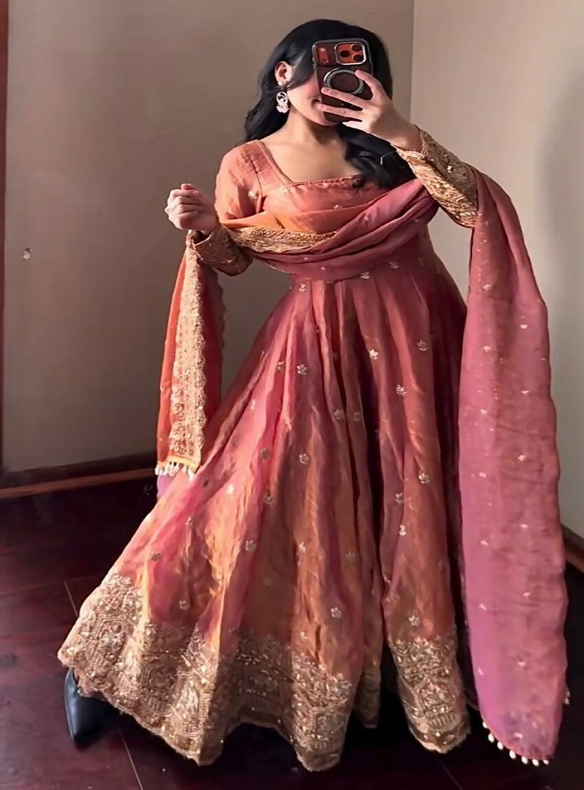 Teeya Creation Peach Festive Wear Heavy Border Anarkali Gown Suit