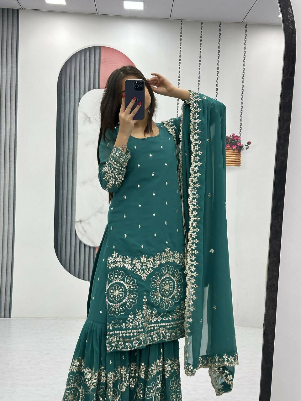 Teeya Creation Womens New Heavy Fox Georgette Fabric With Heavy Embroidery Work Light-Green Kurta Set