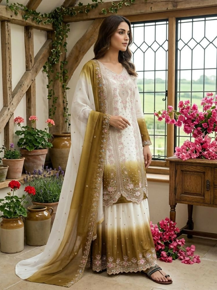 Teeya Creation New Trending Heavy Dual Tone Peding Star Georgette Mehendi Kurta Set
