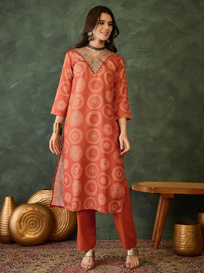 The52 Women's Gorgeous Rayon Embroidery Straight Kurta with Pant And Dupatta Set-Orange