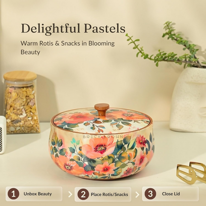 Brick Brown Handcrafted Enamel Coated Wooden Pastel Flora Roti Box