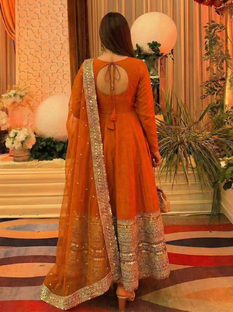 Teeya Creation Womens New Trendy Latest Elegant Burnt Black Floor-Length Anarkali Suit with Heavy Embroidered Border and Matching Dupatta