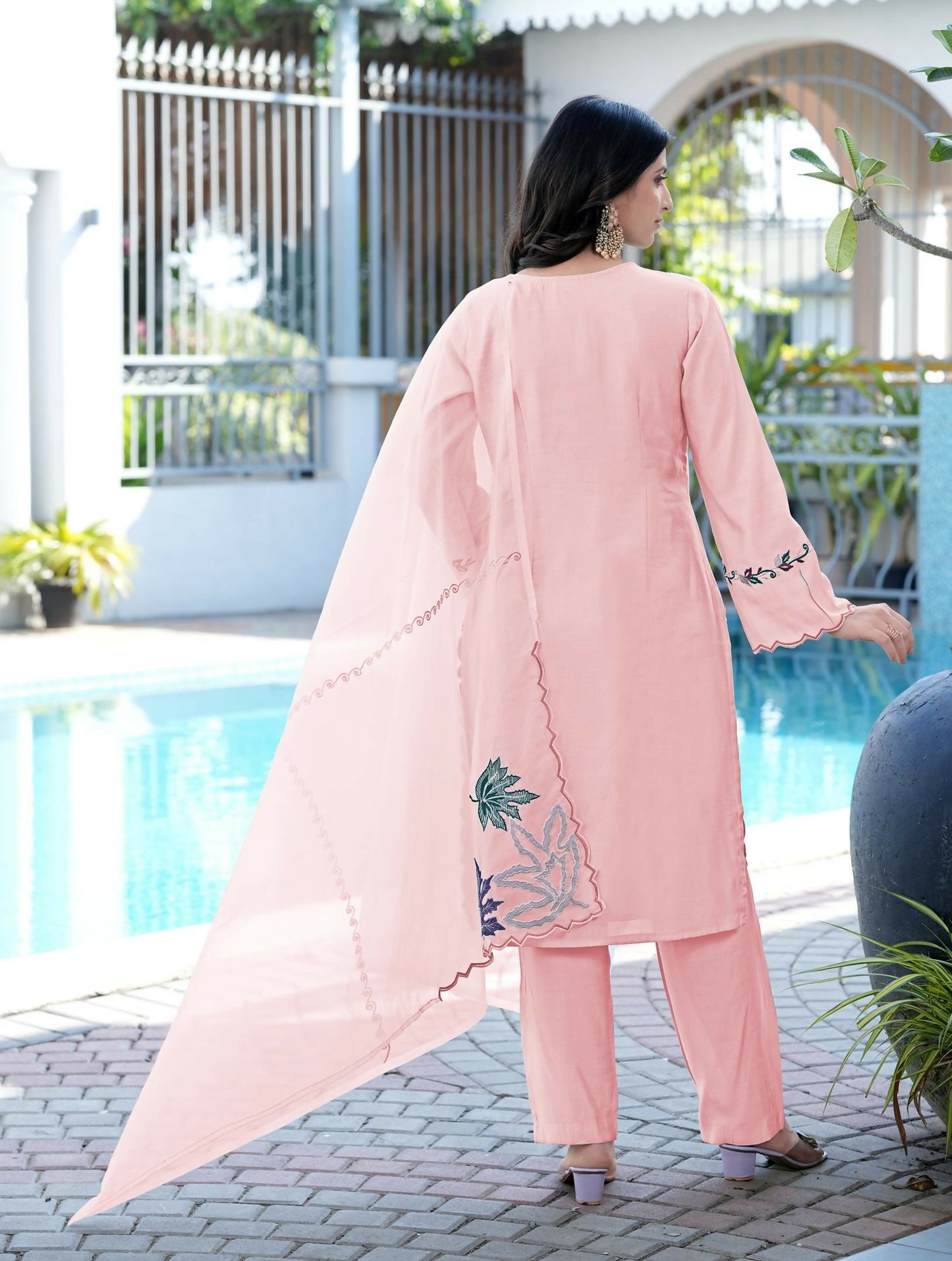 Nikhaar Light Pink Embroidered Art Silk Stitched Straight Cut Kurta Pants Dupatta Readymade Suit